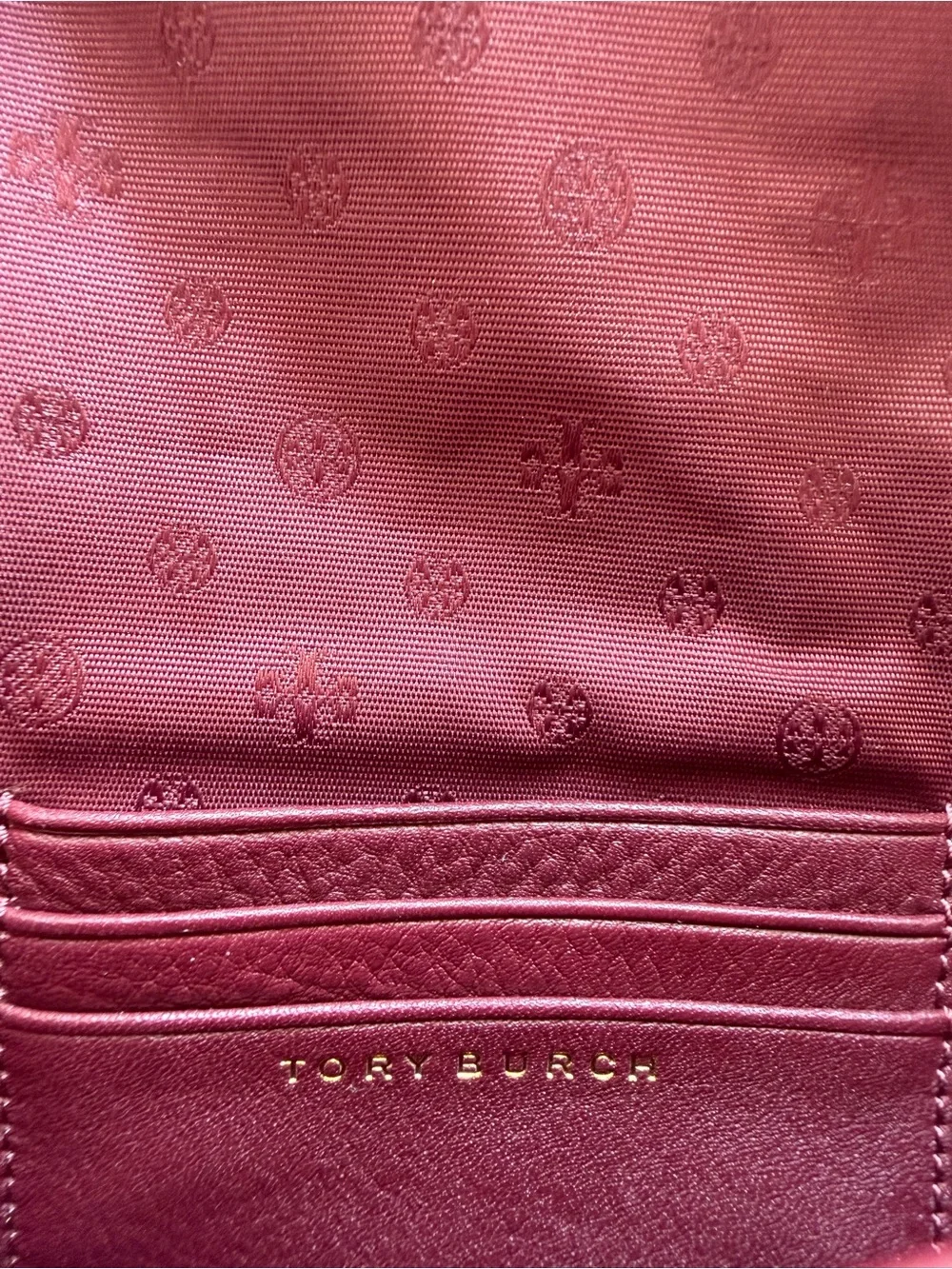 Tory Burch Burgundy Leather Crossbody Bag Adjustable Strap Gold Logo - Picture 5 of 6